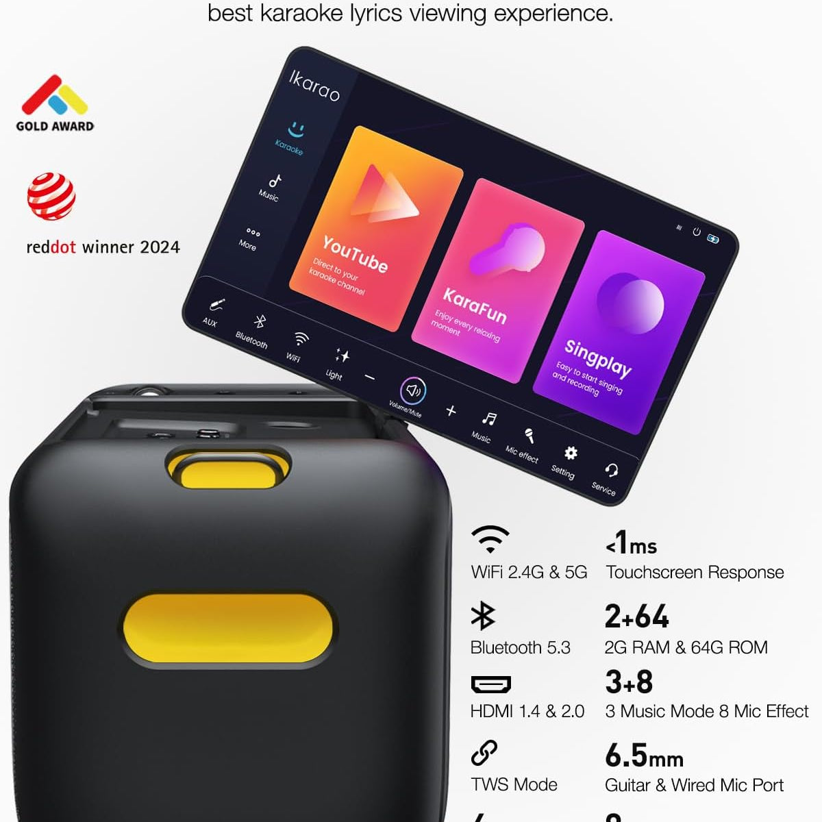 Ikarao Karaoke Machine for Adults, with Lyrics Display Built-in 13.3" Screen, Truly All in One Karaoke Machine with 2 Wireless Microphone (Hidden & Self Charging), 460W Bluetooth Speaker for Party, TV