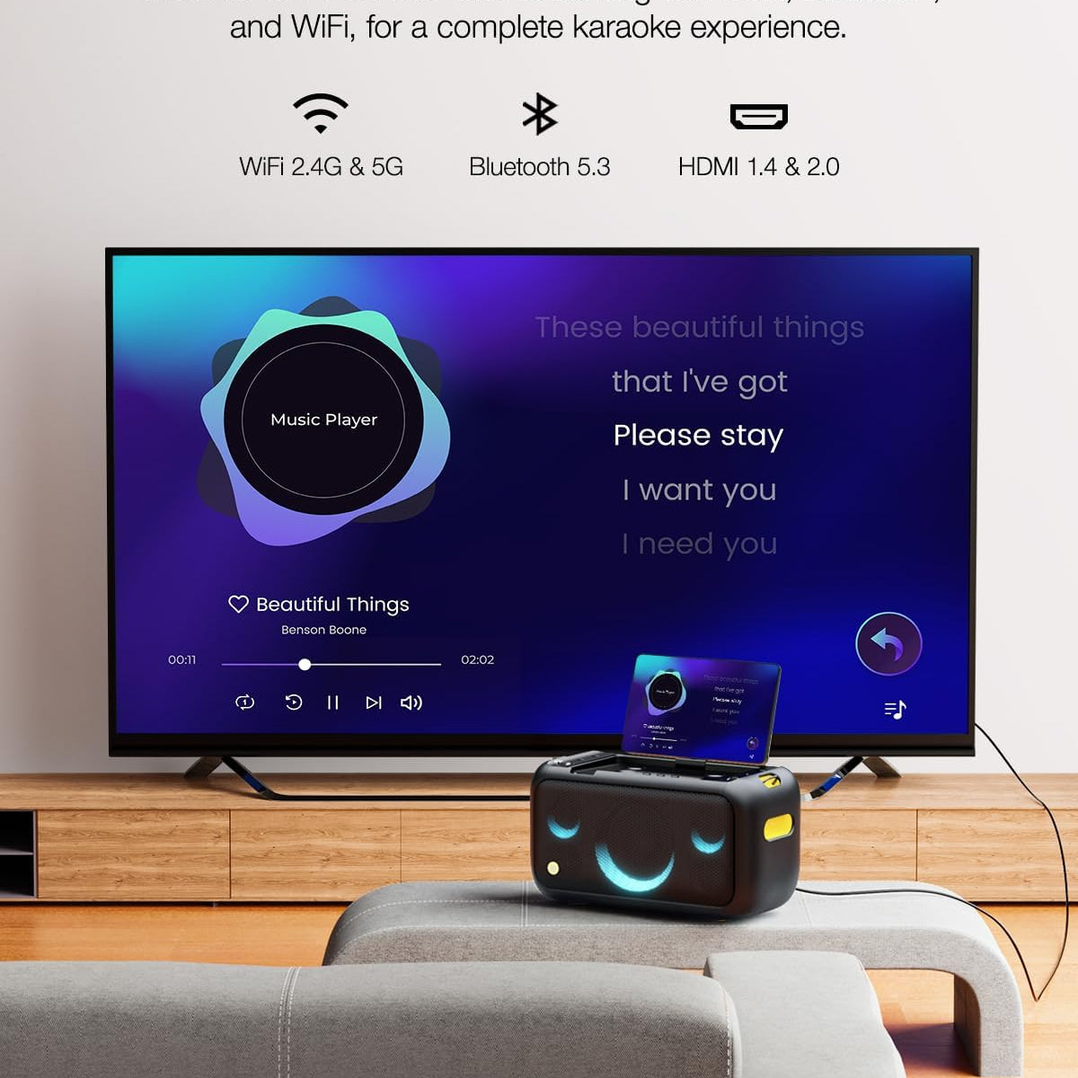 Ikarao Karaoke Machine for Adults, with Lyrics Display Built-in 13.3" Screen, Truly All in One Karaoke Machine with 2 Wireless Microphone (Hidden & Self Charging), 460W Bluetooth Speaker for Party, TV