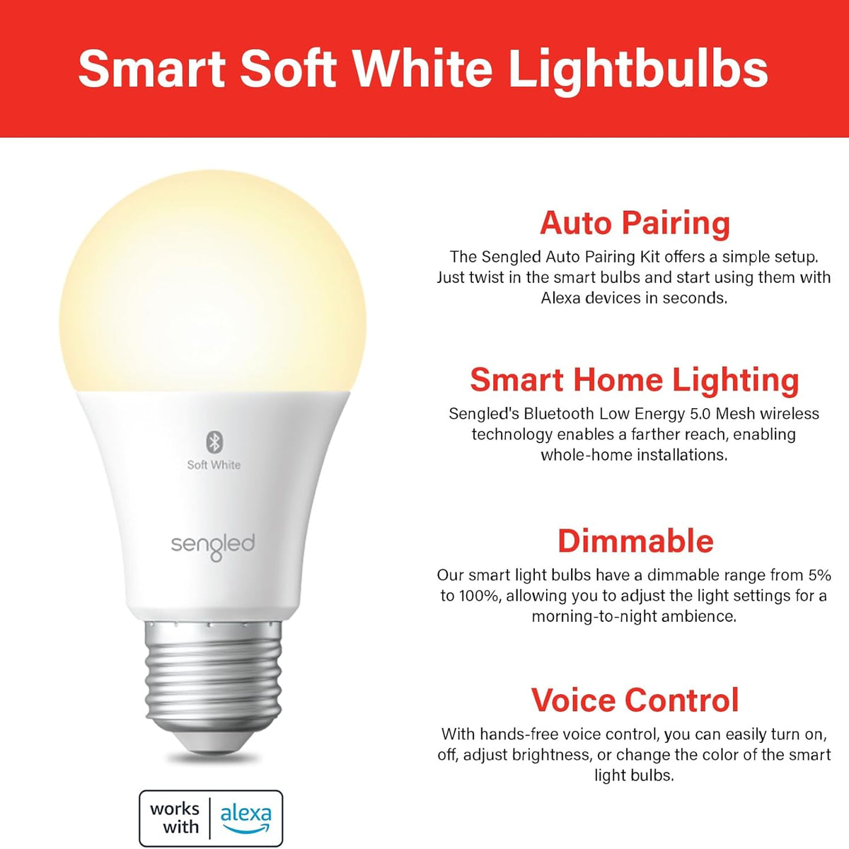 Sengled Smart Light Bulbs, Color Changing Alexa/Bluetooth Mesh, Dimmable LED Bulb A19 E26 Multicolor, High CRI, High Brightness, 8.7W 800LM,