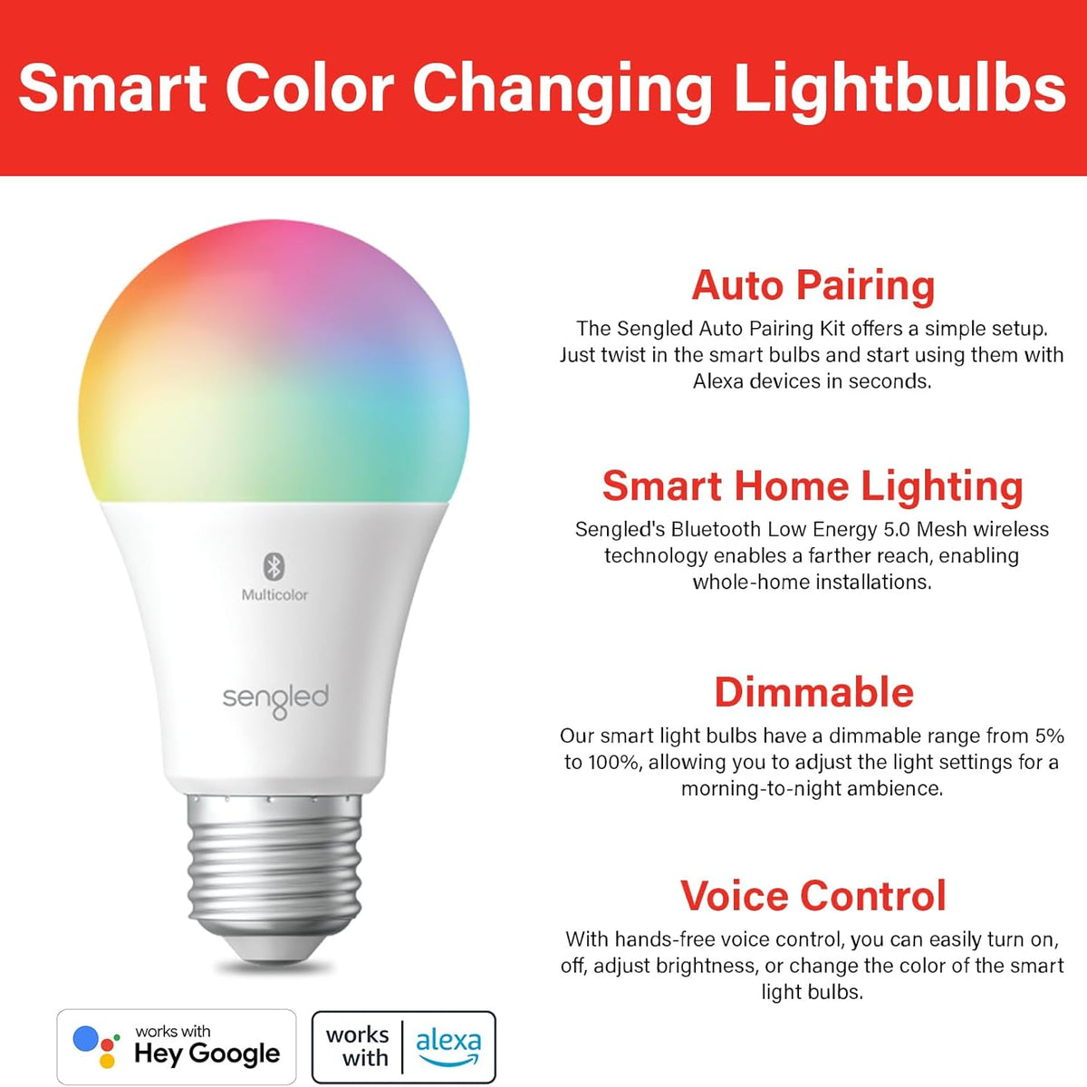 Sengled Smart Light Bulbs, Color Changing Alexa/Bluetooth Mesh, Dimmable LED Bulb A19 E26 Multicolor, High CRI, High Brightness, 8.7W 800LM,