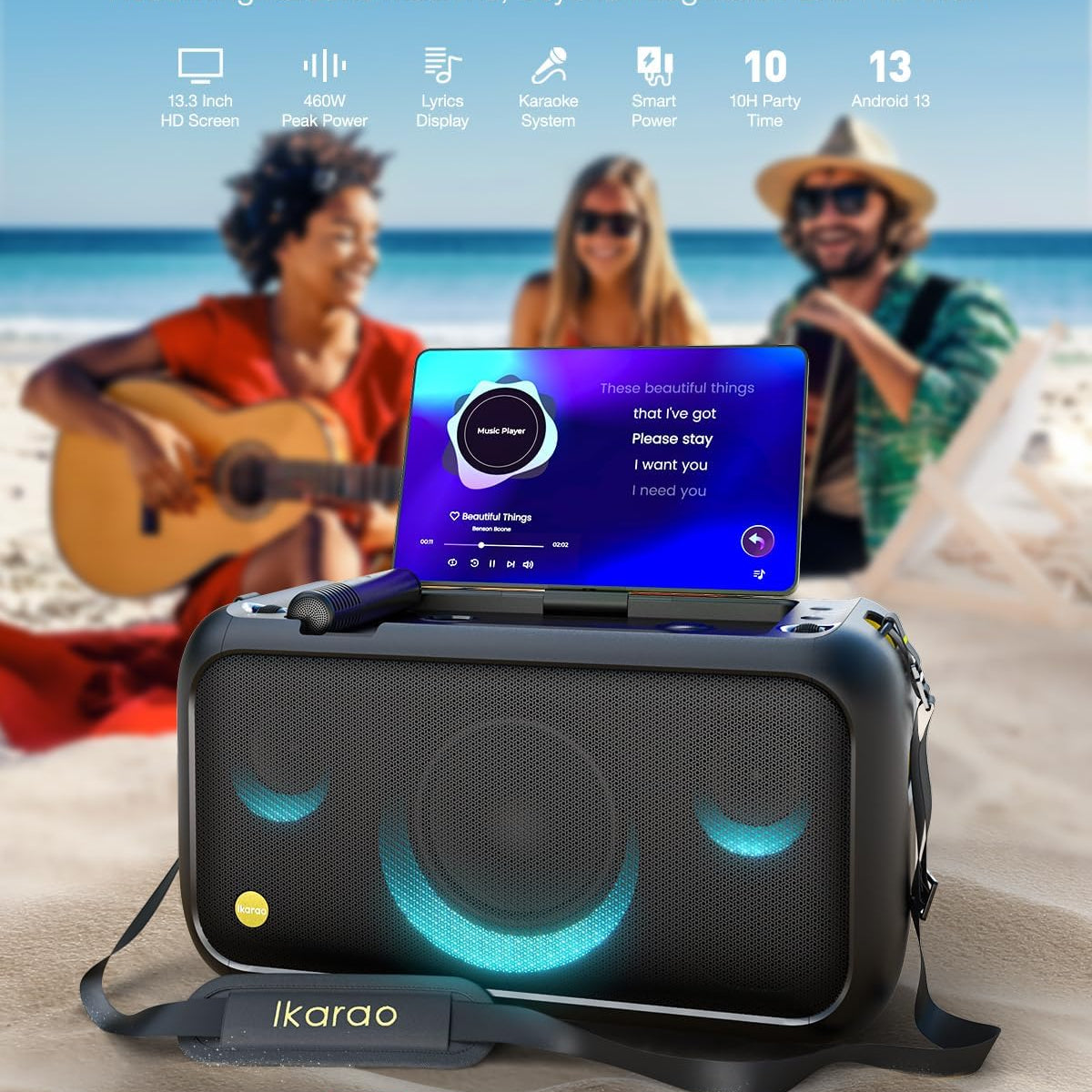 Ikarao Karaoke Machine for Adults, with Lyrics Display Built-in 13.3" Screen, Truly All in One Karaoke Machine with 2 Wireless Microphone (Hidden & Self Charging), 460W Bluetooth Speaker for Party, TV