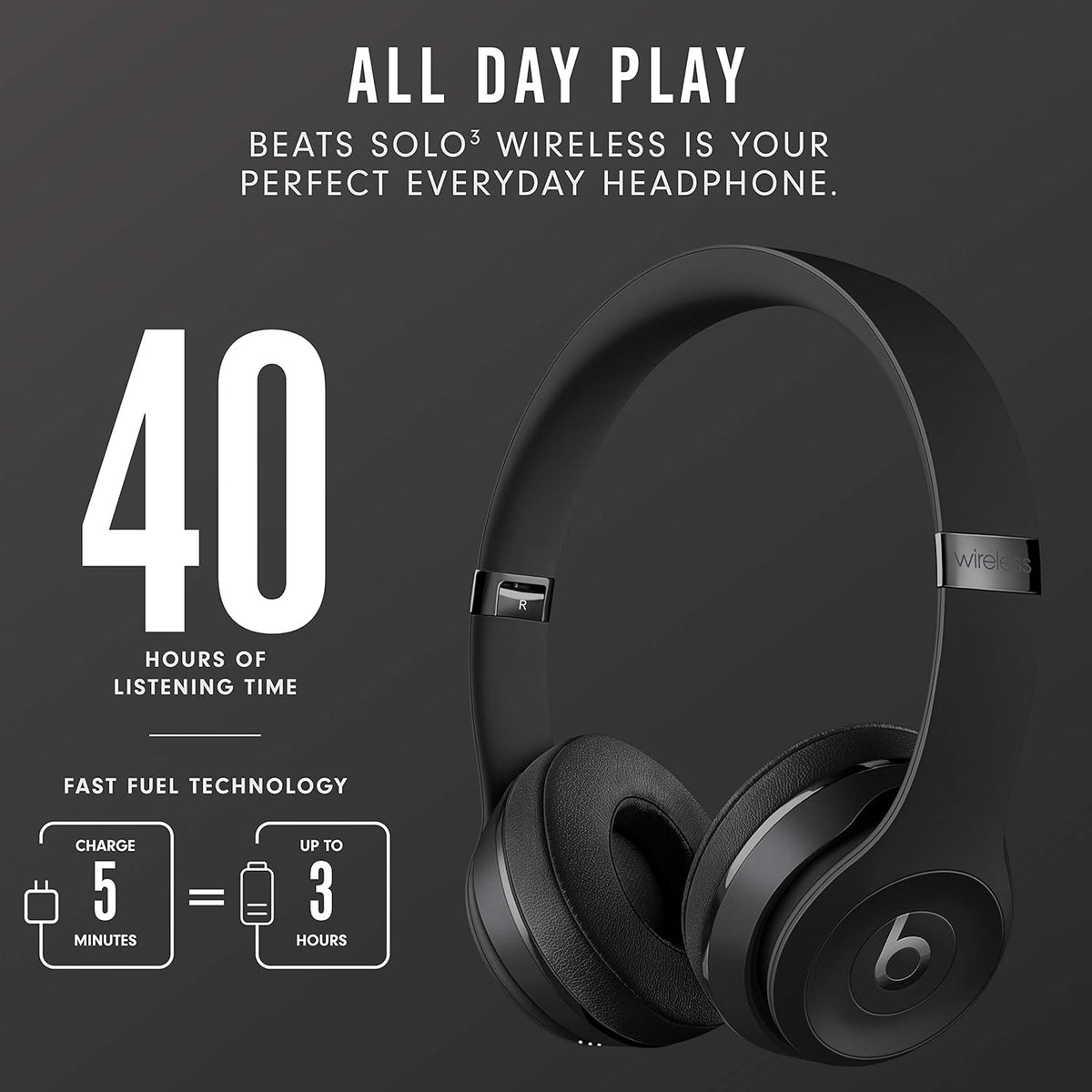 Apple Beats Solo³ Wireless On-Ear Headphones MATTE BLACK : Bluetooth, Foldable Design, Fast Charge, Built-In Microphone, Up to 40 Hrs Battery Life, Carrying Case
